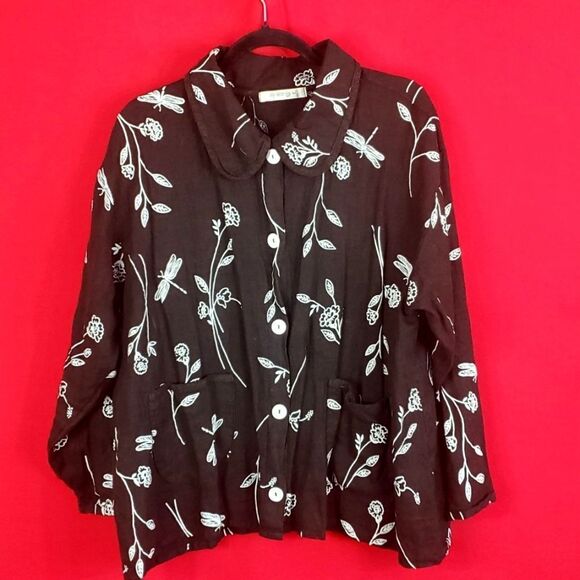 ALY WEAR Vintage Linen Floral Dragonfly‎ Button Down Womens Size Small Lagenlook - Picture 1 of 9